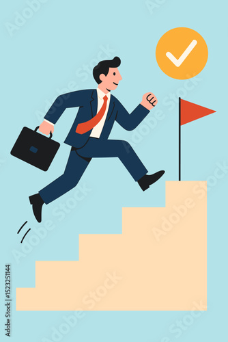 Businessman running up the stairs to success. Career leap forward. Man climbing career ladder. Reaching goal. Concept of ambition, motivation, development and progress.