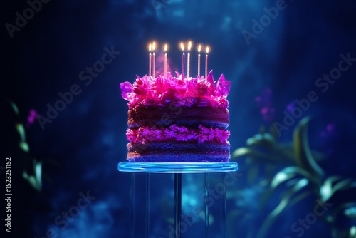 Colorful Birthday Cake With Candles Lit up for Celebration at Night Event.