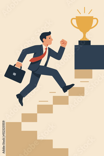 Career advancement. Businessman running up stairs. Success trophy goal. Ambition achievement motivation. Professional growth corporate ladder. Business progress challenge. Victory award concept.
