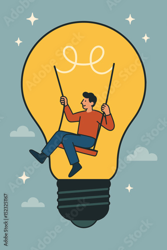 Creative idea lightbulb, man on swing metaphor for innovation. Inspiration, imagination, and thinking. Bright solution, problem-solving. Playful mind, intellectual journey. Business concept.