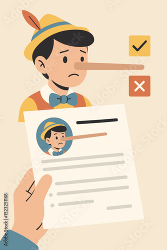 Pinocchio effect on resume. Lying on CV concept, job application dishonesty. Fake qualifications, recruiter deception. Untruthful candidate, interview fraud, long nose symbol of lies. HR ethics.