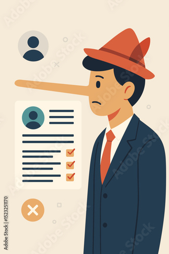 Pinocchio Resume Lie Fraud. Exaggeration in Job Application. False Information, Fake Employment History. Deception. Business Concept. Job Interview. Unemployment.