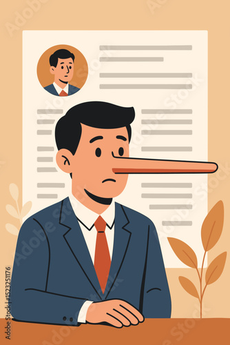 Pinocchio effect at job interview. Male candidate with long nose symbolizing lies on resume. Dishonest applicant faking CV. Concept of deception in recruitment, hiring process. Untruthful man.