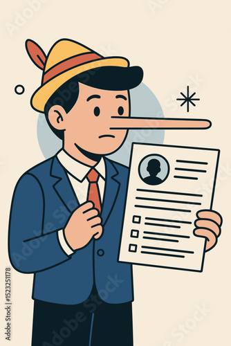 Pinocchio concept of lying on resume. Businessman with long nose holding CV, symbol of dishonesty in job application. Deception, fake qualifications, untruthful candidate. Corporate fraud.