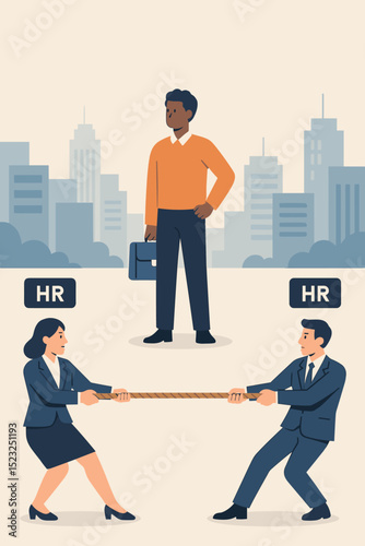 Human Resources recruitment tug of war. HR managers battling for a top male candidate. Conceptual illustration of talent acquisition competition, corporate hiring, and the fierce job market rivalry.