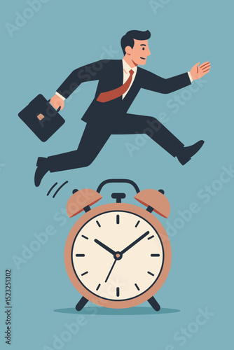 Time management concept with a businessman jumping over an alarm clock. Deadline pressure and rush hour. Career race against time. Punctuality and efficiency in business vector.