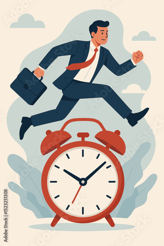 Businessman leaping over alarm clock, time management concept. Professional rushing to meet deadline, urgency, productivity. Career success, efficient work, business goals vector illustration.