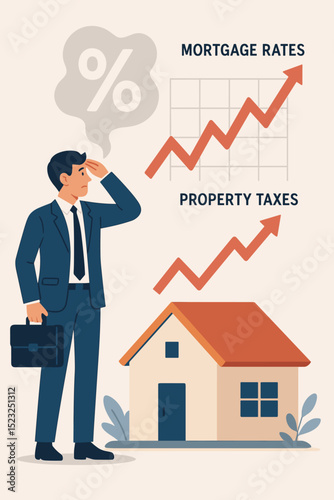 Rising housing costs concept. Worried businessman looks at increasing mortgage rates and property taxes. Real estate affordability crisis, financial burden, home ownership challenges.