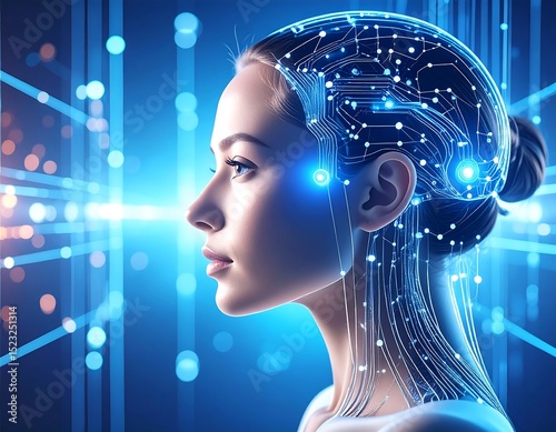 Woman's head, futuristic brain