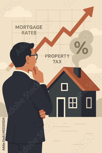 Man analyzing rising housing costs, increasing mortgage rates, and property tax. Real estate investment financial concept. Home ownership loan affordability and high interest rates.
