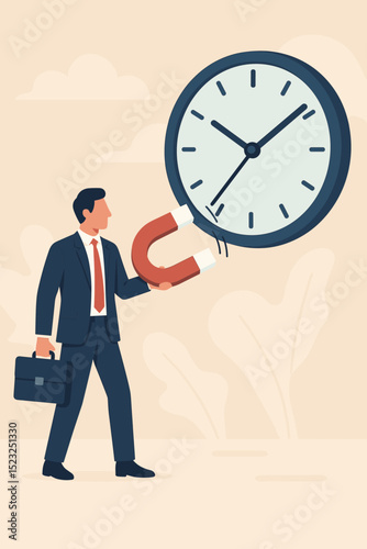 Businessman using magnetic force to attract clock hands, symbolizing time management, efficiency, productivity, and deadline control. Business metaphor for mastering schedules & projects.