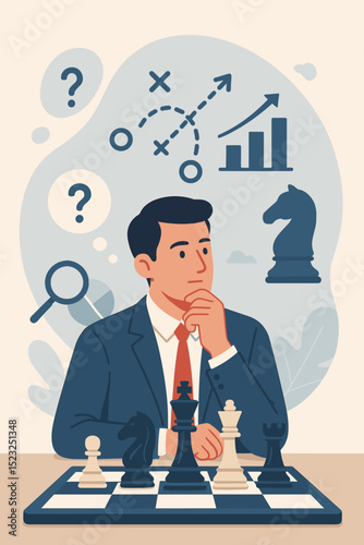 Strategic business planning concept. Businessman thinking over chess game, developing tactics. Decision making, analysis, foresight, and corporate growth. Chessboard challenge metaphor.
