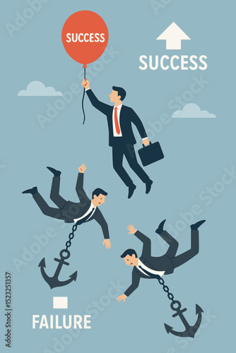 Ascending Business Success concept. Businessman with balloon flies to success, overcoming failure. Others dragged by anchors. Metaphor for growth, ambition, strategy, risk, competition & achievement.