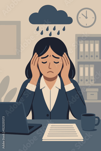 Stressed office worker woman at desk under rain cloud metaphor. Overwhelmed by deadlines, experiencing burnout, anxiety, depression. Workplace mental health concept. Professional fatigue.