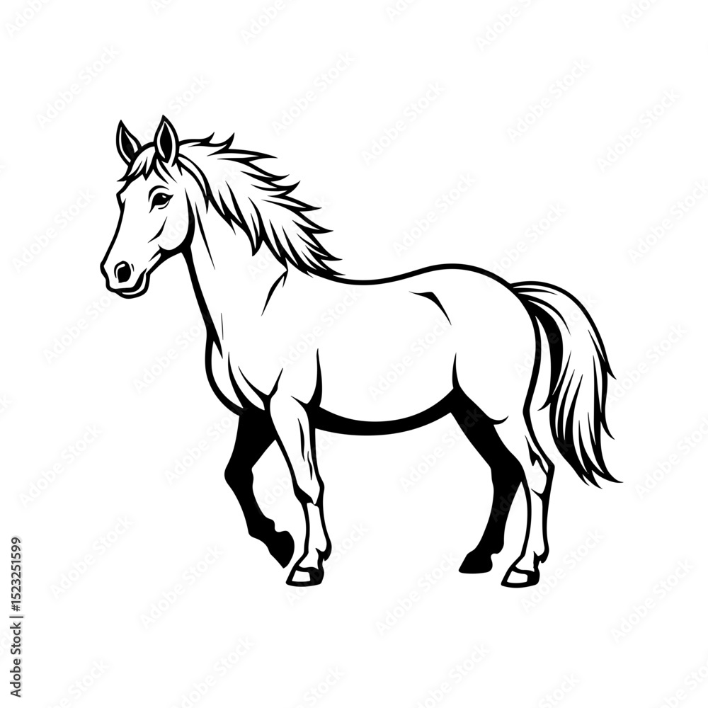 Obraz premium An elegant monochromatic illustration of a powerful horse, the lines conveying the horse's inherent strength and grace. The image is a black and white horse illustration, exuding power and agility.