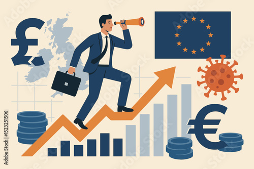 Post-Brexit economic landscape. UK business future. EU trade relations. Man with telescope on growth graph. Pound, Euro currency. Pandemic impact. Financial forecast. Investment strategy vision.