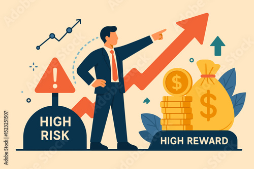 Investment strategy concept. Businessman pointing at rising arrow, symbolizing financial growth and high reward despite high risk. Stock market success, profit, and wealth vector illustration.