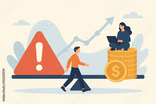 Investment strategy concept. Financial risk management illustration. Man balances on seesaw between warning sign and secure wealth with woman, laptop, coins, growth chart. Business decision.