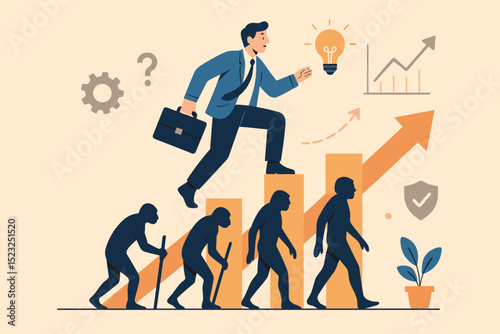 Businessman adapting in uncertainty evolution for progress. Career growth strategy with innovation idea. Overcoming challenges corporate development success journey. Climbing upward path.