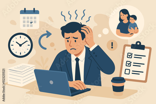 Stressed businessman juggling work life balance. Overwhelmed office worker with laptop, clock, calendar, checklist. Time management pressure, deadline anxiety, multitasking concept. Burnout.
