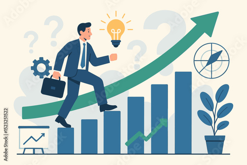 Adapting uncertainty concept. Businessman climbs growth chart. Career progress. Strategic planning. Innovation idea lightbulb. Navigating challenges. Business development. Compass direction. Success.