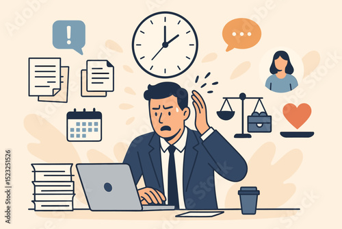 Stressed businessman at office desk, overwhelmed by deadlines, multitasking. Work-life balance concept, time management pressure. Vector illustration of corporate burnout, job anxiety, busy character.