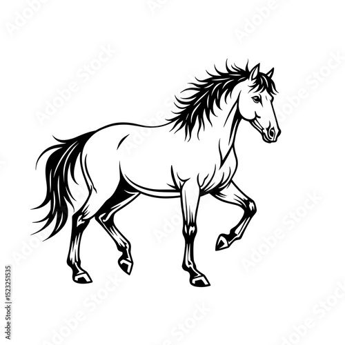 A majestic horse strides forward in a striking monochrome illustration. The image focuses on the elegant form of the horse, capturing its strength and grace with precise lines.