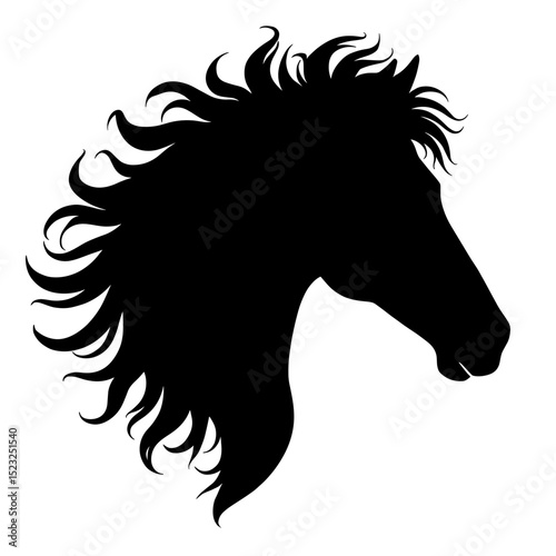 A majestic silhouette of a horse with flowing mane. The stark contrast between the black figure and the background accentuates the horse's elegant profile, conveying a sense of strength and freedom.