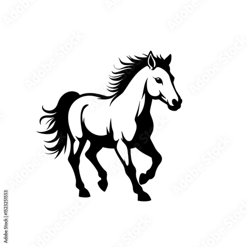 A majestic horse in motion, captured in a classic black and white illustration. Its flowing mane and tail add to the dynamic feel of this powerful equine image.