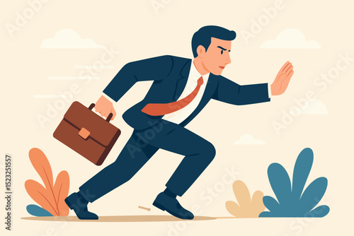Ambitious businessman running fast with briefcase. Progress, determination, career growth. Success concept. Professional manager. Executive striving for goals. Corporate leadership. Motivation vector.