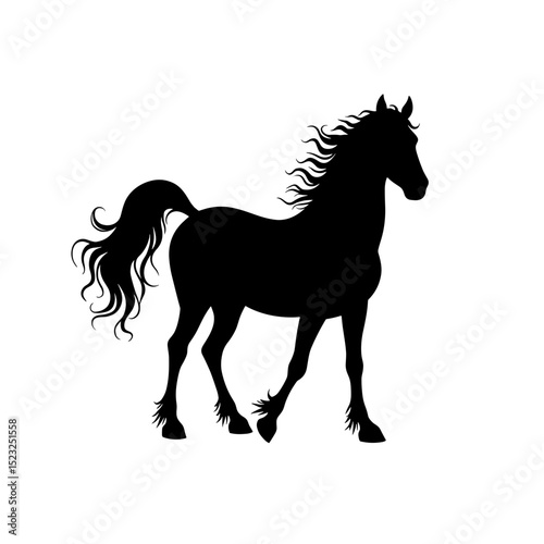 A majestic black horse in silhouette, showcasing elegance and power against a bright backdrop, a stunning artistic representation of equine grace and strength.