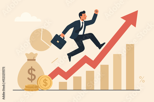 Riding sales growth: Businessman on upward arrow with financial chart. Money, profit, investment success. Business achievement, career development, market increase vector illustration.