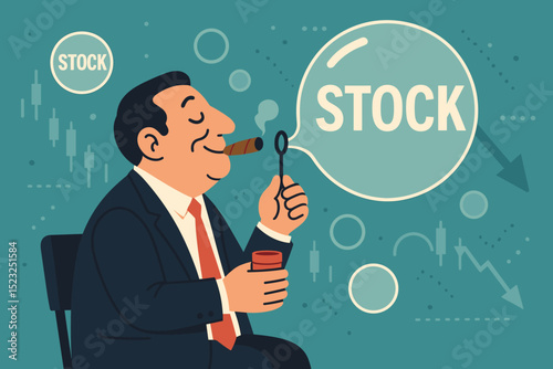 Stock market bubble concept. Businessman smoking cigar, blowing fragile stock bubble. Speculation, investment risk, financial crisis metaphor. Declining chart, market crash warning vector.
