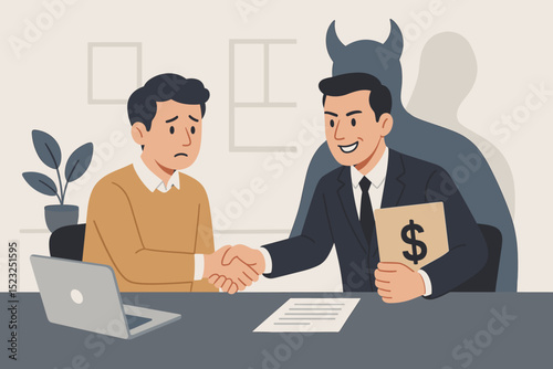 Deceptive business partner making dishonest deal. Man tricks colleague with money offer. Devil shadow reveals hidden evil motive, betrayal, financial fraud. Risky agreement, scam, corruption concept.