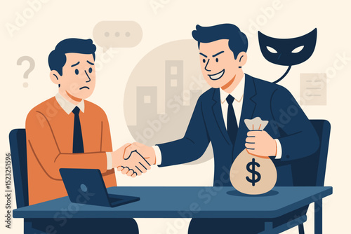 Deceptive business partner concept. Cunning con man with money bag tricks naive victim during handshake. Illustration of financial fraud, corporate scam, hidden agenda, and unethical agreement.