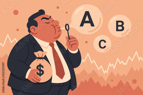Businessman blowing speculative market bubbles illustrating risky investments A, B, C. Financial concept of stock market volatility, economic bubbles, asset overvaluation, potential crisis graph.