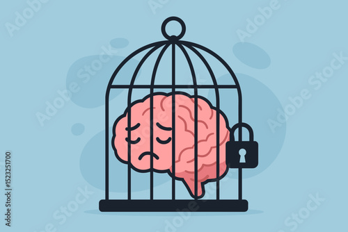 Trapped mindset metaphor: Sad brain locked inside a birdcage with padlock. Concept of mental block, fixed thinking, psychological prison, depression, anxiety, intellectual limitation.