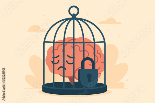 Sad brain character locked inside a birdcage with padlock. Metaphor for trapped mindset, mental block, creative inhibition, anxiety, depression. Psychology, mental health concept illustration.