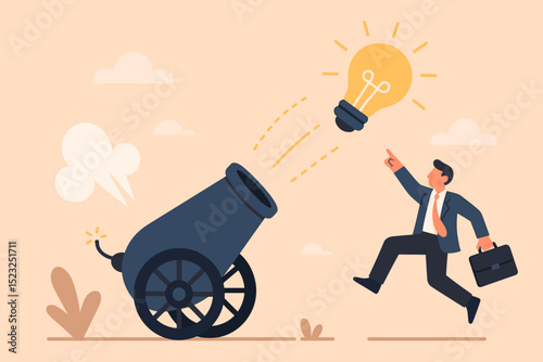 Business idea launch concept. Businessman shooting a lightbulb from a cannon. Metaphor for startup, innovation, creativity, new project, ambition, motivation, and success.