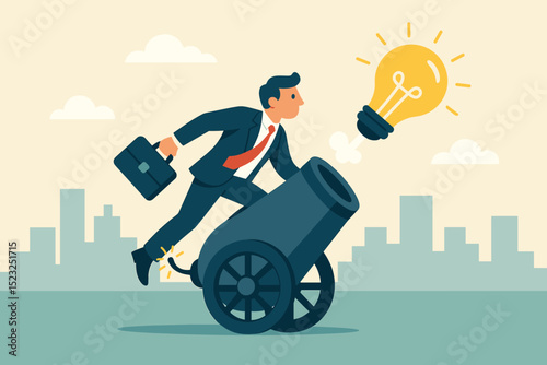 Businessman launching bright idea lightbulb from cannon metaphor. Business startup, innovation, creativity, project strategy concept. New beginnings, ambition, success, growth. Vector.