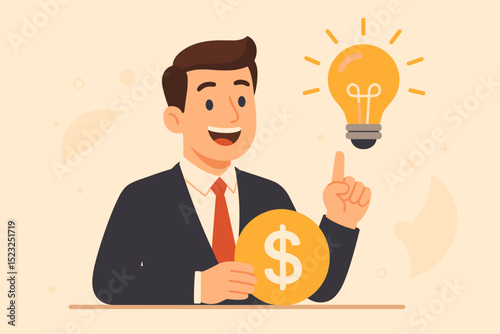 Businessman with Lightbulb Idea and Dollar Coin: Innovative Profit Concept for Financial Success. Business Strategy, Entrepreneurship, Investment, Creative Solution, Making Money Vector Art.