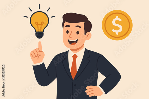 Innovative business idea for profit and financial success. Businessman character with lightbulb and dollar coin. Concept of entrepreneurship, investment, creativity, and financial gain.