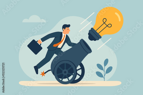 Idea launch cannon concept. Businessman firing lightbulb idea. Business innovation, startup boost, project kickstart. New venture strategy, creativity, ambition. Powerful start, fast growth metaphor.