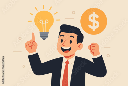 Creative idea to profit concept. Happy businessman with glowing lightbulb and dollar sign. Financial success, innovative business strategy, entrepreneurship, investment growth, market solution vector.