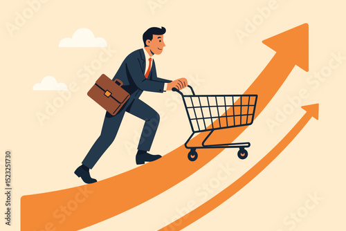 Sales growth metaphor. Business success journey. Businessman pushing shopping cart up ascending arrow. Financial progress, market expansion, profit increase. Ambition, achievement.