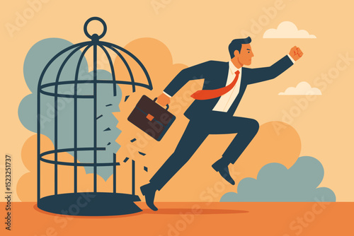 Businessman breaking free from cage concept. Symbol of liberation, career change, new opportunity. Escaping limitations, achieving success, ambition, determination. Metaphor for growth and freedom.