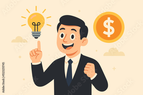 Innovative profit concept with businessman pointing to lightbulb idea and dollar coin. Financial success, entrepreneurship, creative solution, investment strategy for making money vector.