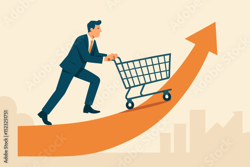 Businessman pushing shopping cart up ascending arrow, symbolizing sales growth journey. Business strategy for increased revenue, profit, and market expansion. Retail success concept.