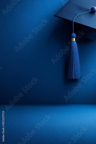Graduation Cap With Blue Tassel Resting on a Vibrant Blue Surface During a Celebratory Occasion.