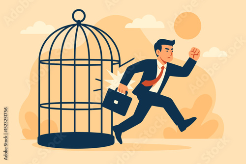 Determined businessman breaking free from birdcage, escaping limitations and running towards success. Metaphor for career change, liberation, new opportunities, and overcoming corporate restrictions.